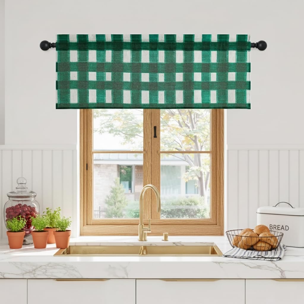 image:imageNICETOWN Sheer Sage Linen Striped Print Kitchen Curtains 3024 2 PanelsGreen White