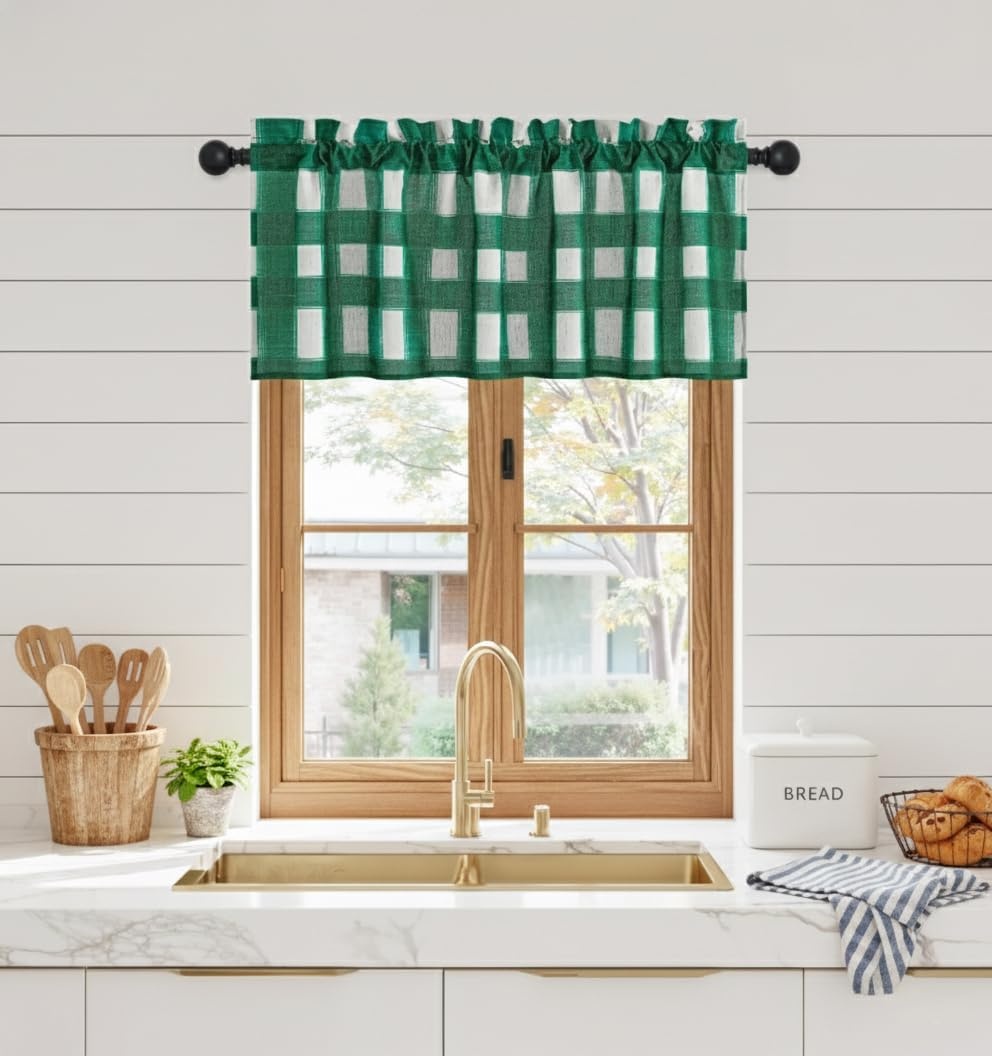 image:imageNICETOWN Sheer Sage Linen Striped Print Kitchen Curtains 3024 2 PanelsGreen White