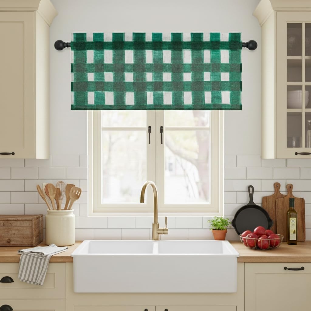image:imageNICETOWN Sheer Sage Linen Striped Print Kitchen Curtains 3024 2 PanelsGreen White