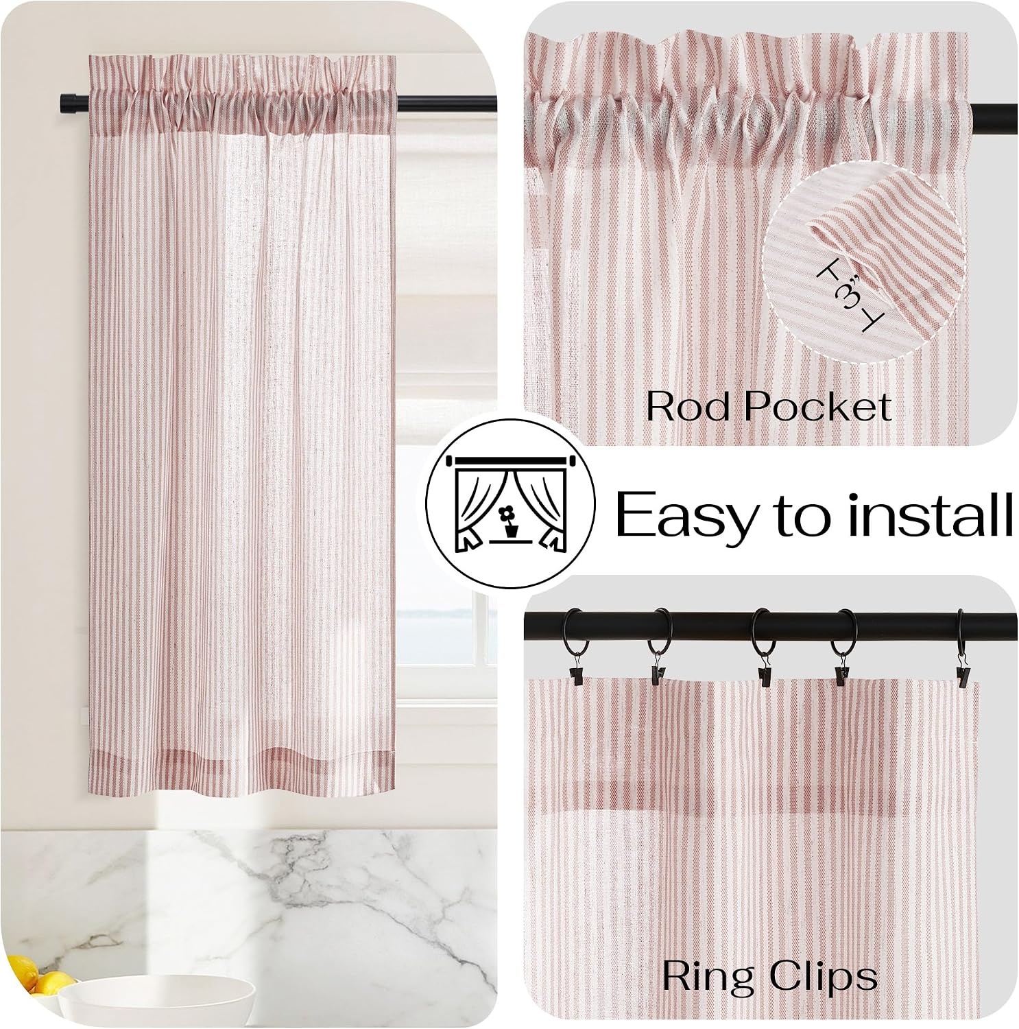 image:imageNICETOWN Sheer Sage Linen Striped Print Kitchen Curtains 3024 2 PanelsLight Pink