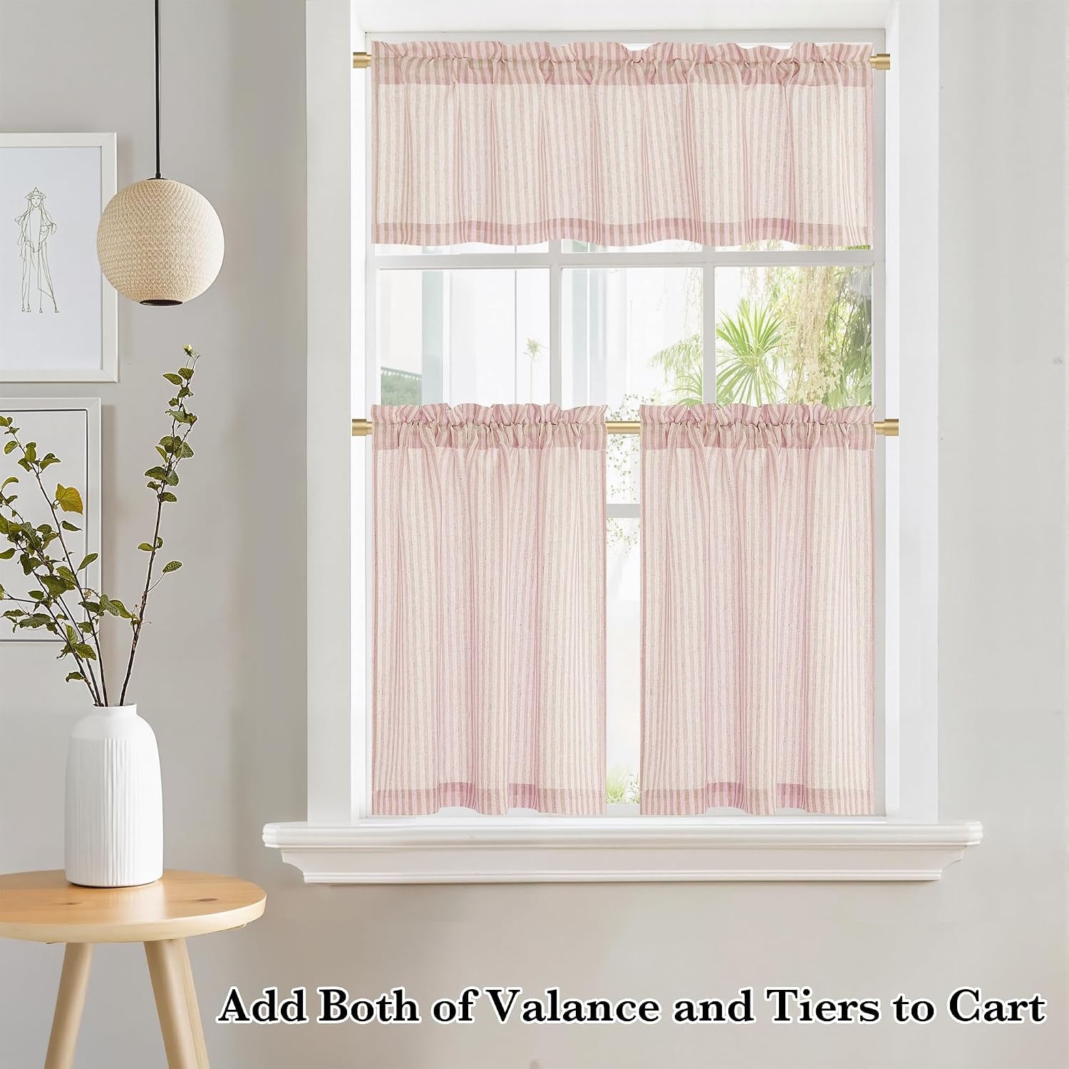 image:imageNICETOWN Sheer Sage Linen Striped Print Kitchen Curtains 3024 2 PanelsLight Pink
