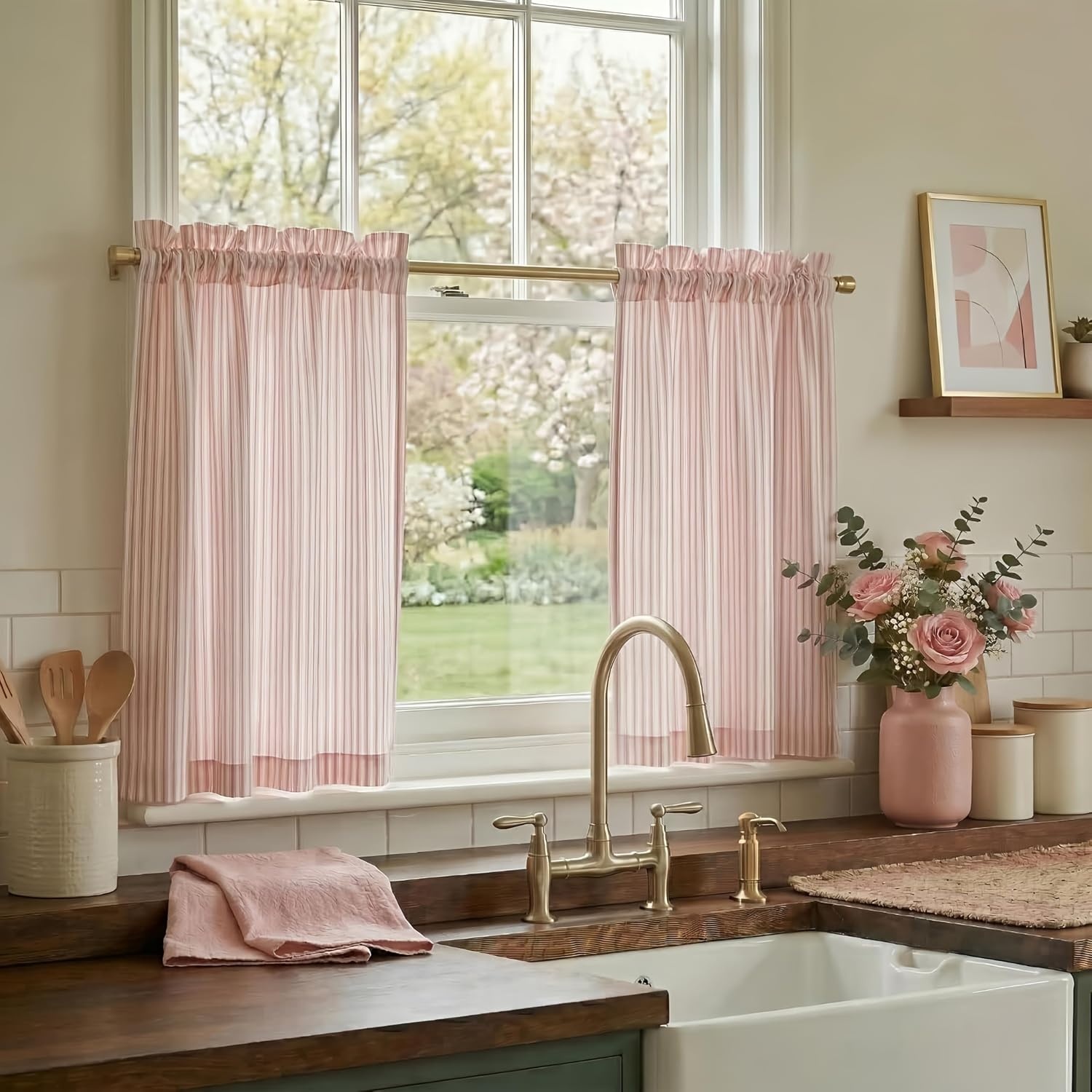 image:imageNICETOWN Sheer Sage Linen Striped Print Kitchen Curtains 3024 2 PanelsLight Pink
