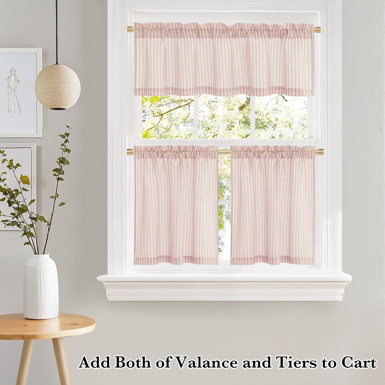 image:imageNICETOWN Sheer Sage Linen Striped Print Kitchen Curtains 3024 2 PanelsLight Pink