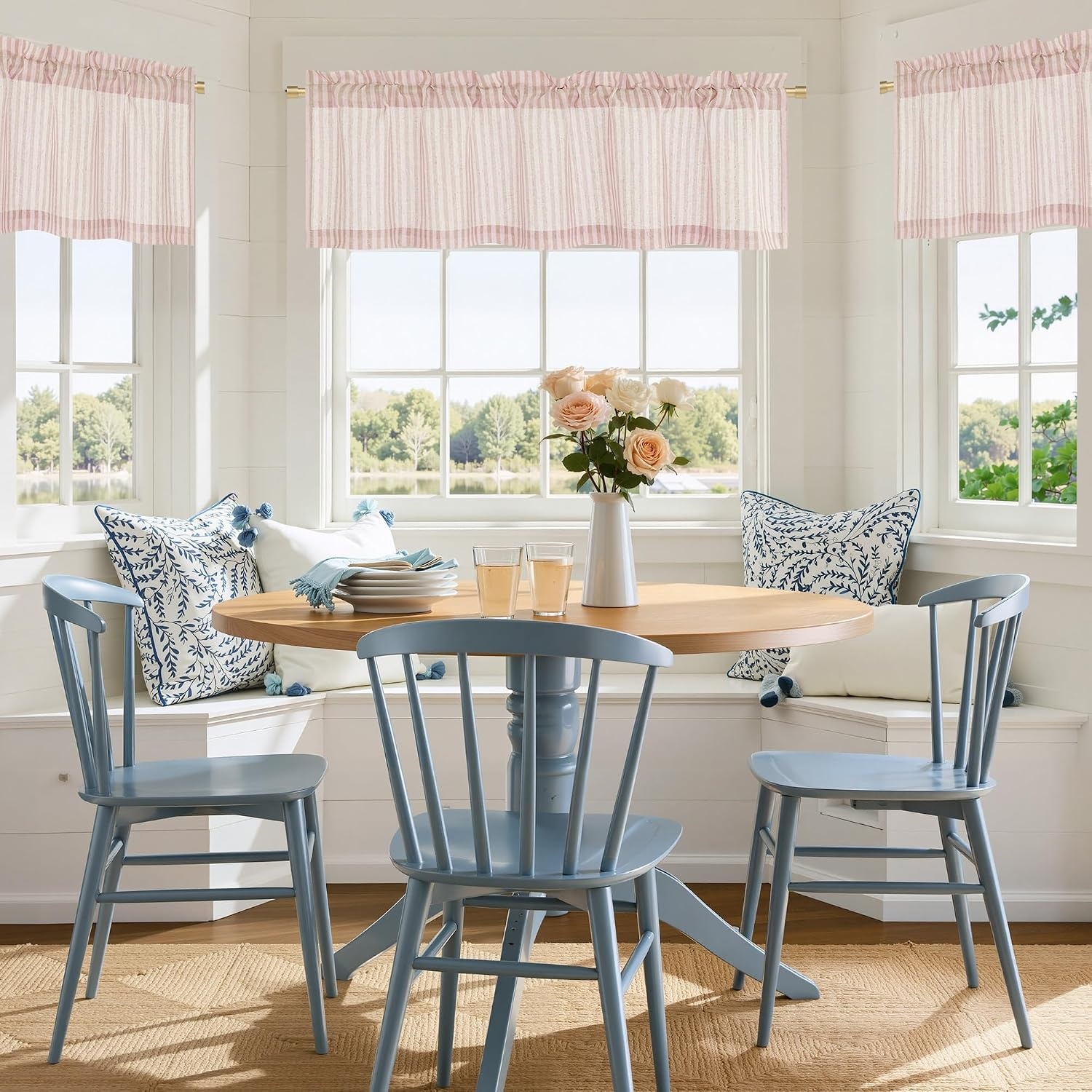 image:imageNICETOWN Sheer Sage Linen Striped Print Kitchen Curtains 3024 2 PanelsLight Pink