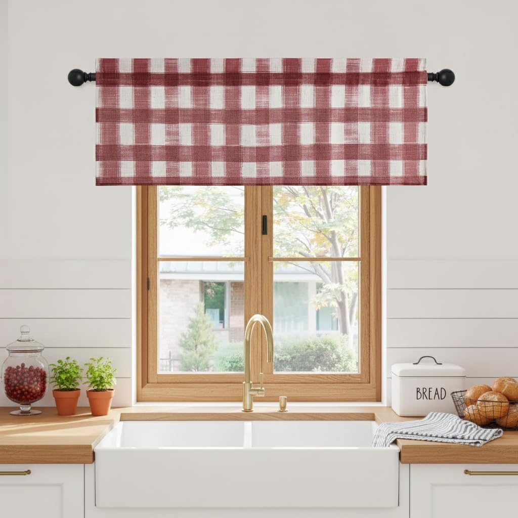 image:imageNICETOWN Sheer Sage Linen Striped Print Kitchen Curtains 3024 2 PanelsRed White