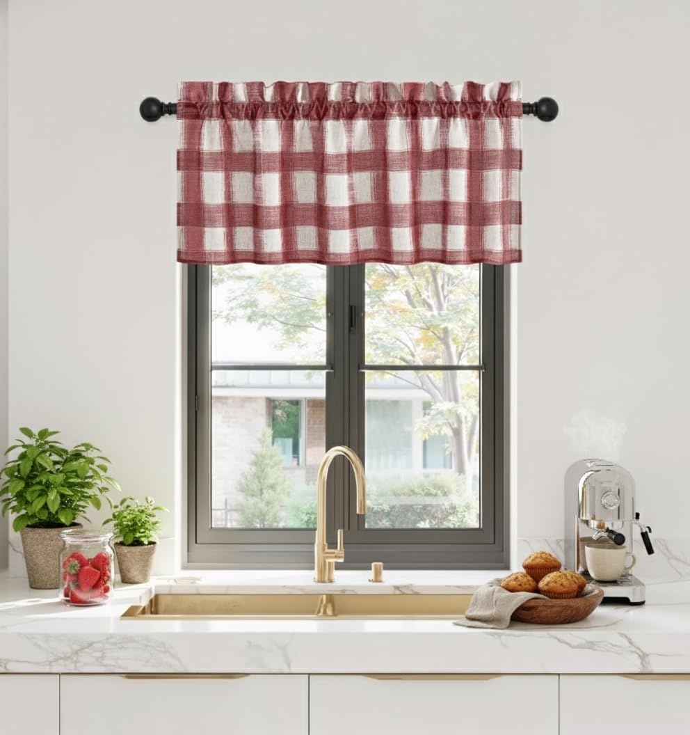 image:imageNICETOWN Sheer Sage Linen Striped Print Kitchen Curtains 3024 2 PanelsRed White