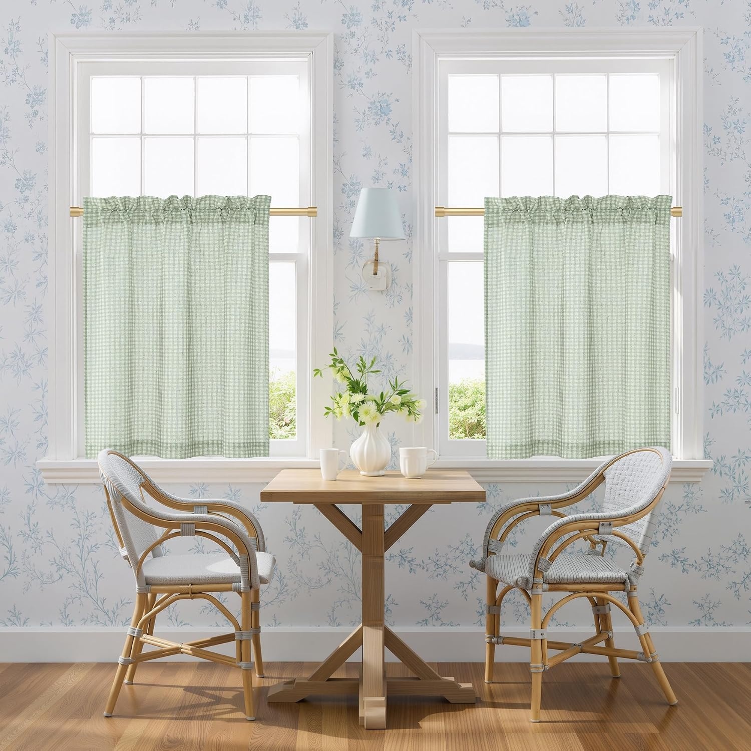 image:imageNICETOWN Sheer Sage Linen Striped Print Kitchen Curtains 3024 2 PanelsSage Green