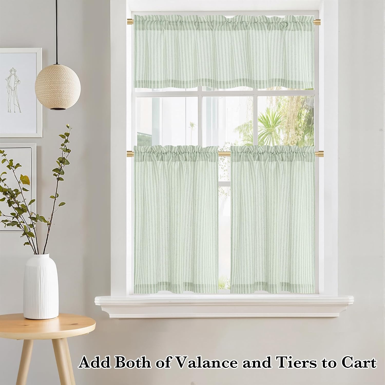 image:imageNICETOWN Sheer Sage Linen Striped Print Kitchen Curtains 3024 2 PanelsSage Green