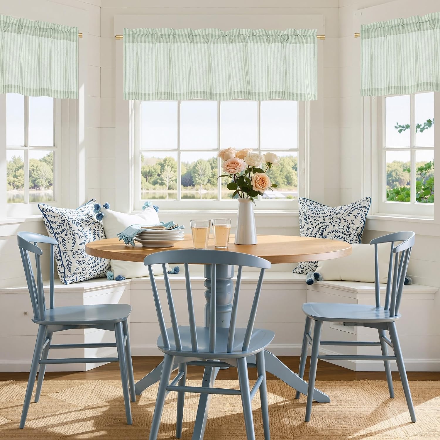 image:imageNICETOWN Sheer Sage Linen Striped Print Kitchen Curtains 3024 2 PanelsSage Green