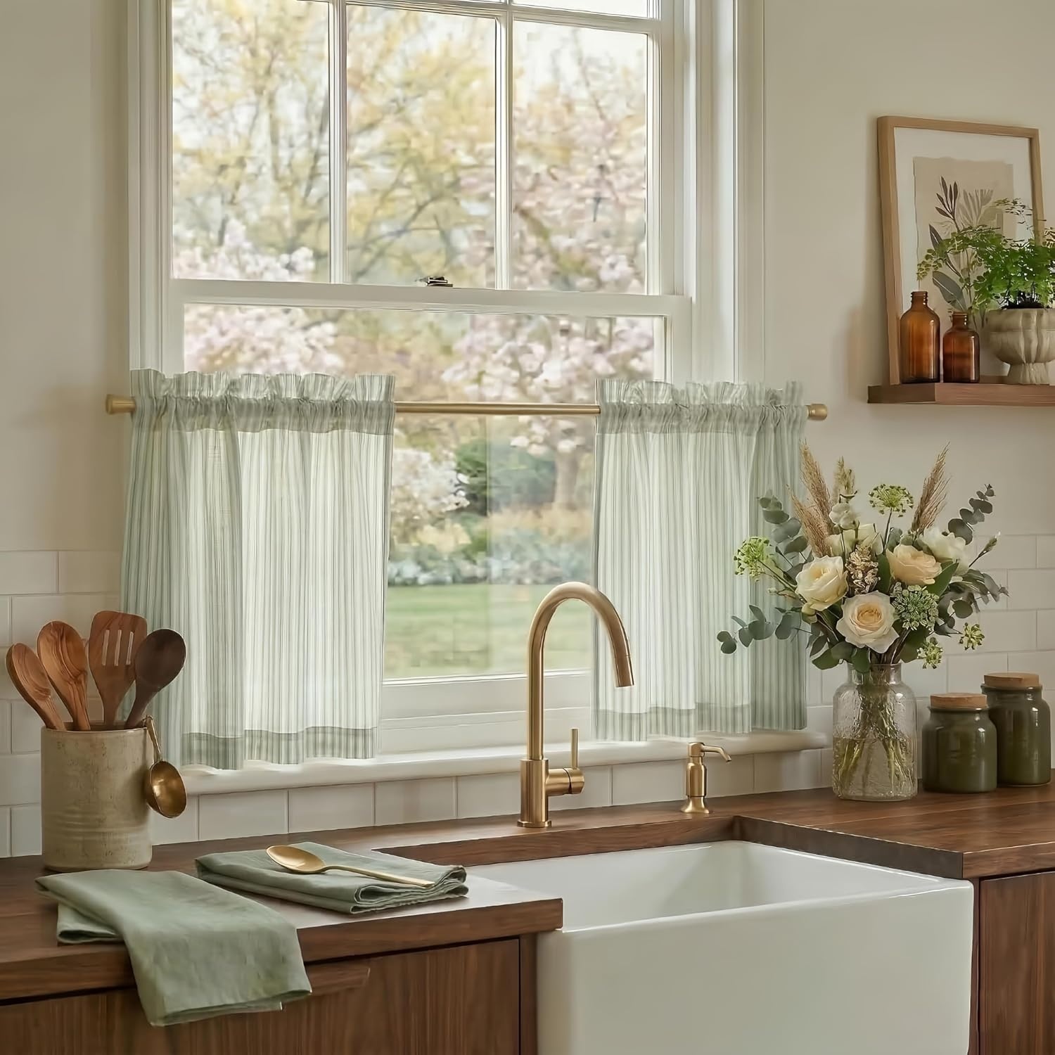 image:imageNICETOWN Sheer Sage Linen Striped Print Kitchen Curtains 3024 2 PanelsSage Green