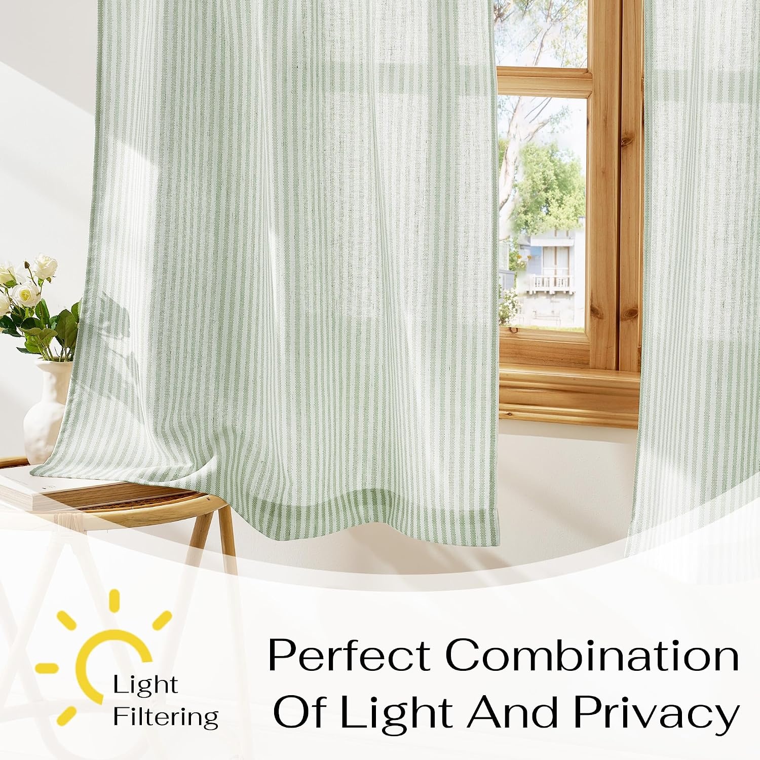 image:imageNICETOWN Sheer Sage Linen Striped Print Kitchen Curtains 3024 2 PanelsSage Green