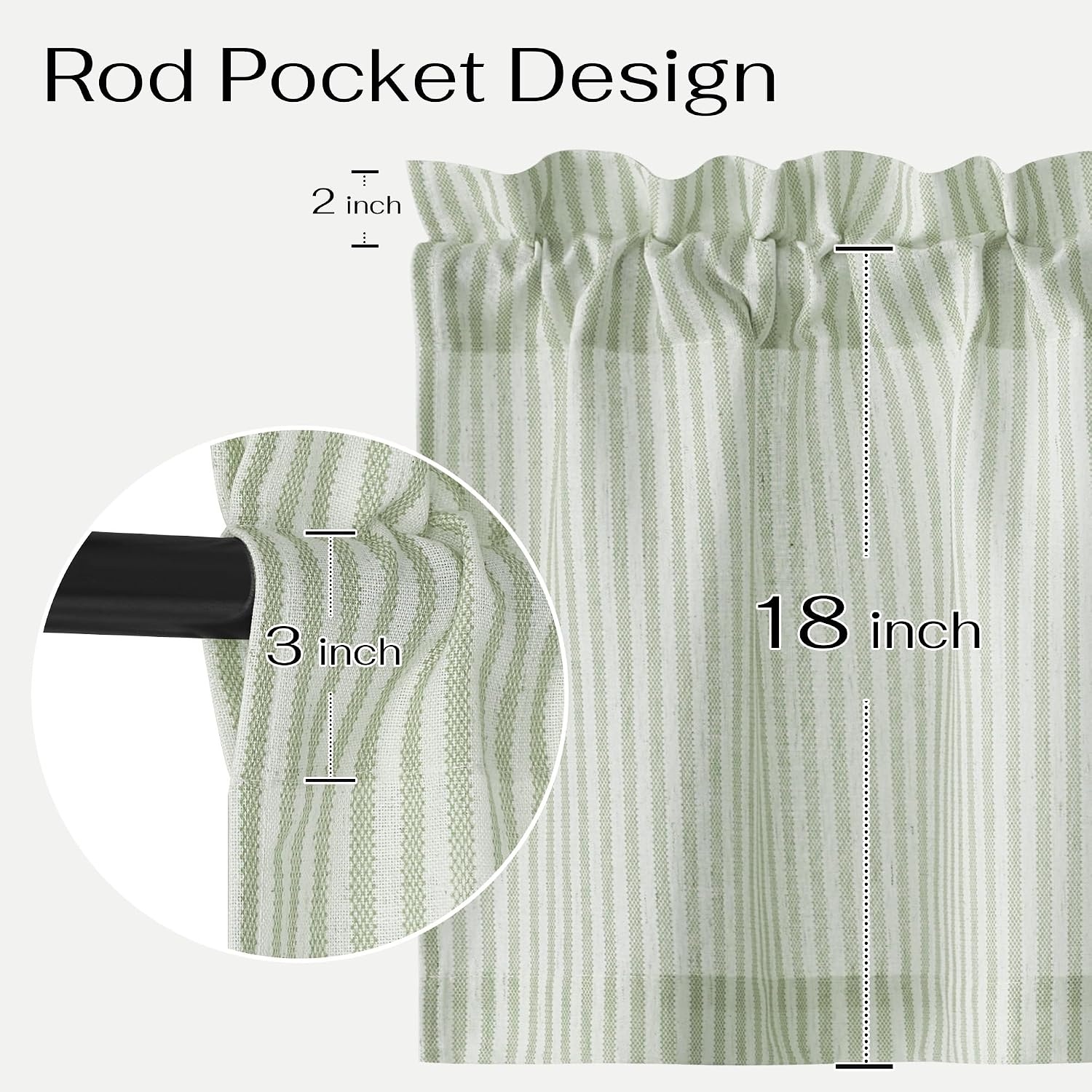 image:imageNICETOWN Sheer Sage Linen Striped Print Kitchen Curtains 3024 2 PanelsSage Green