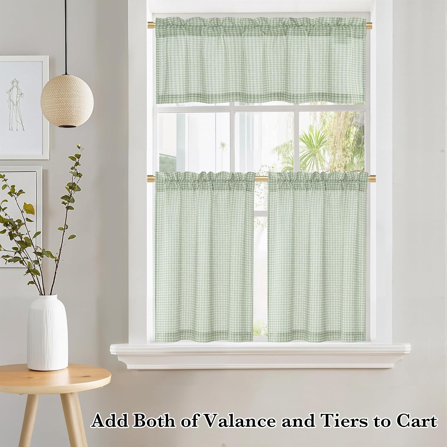 image:imageNICETOWN Sheer Sage Linen Striped Print Kitchen Curtains 3024 2 PanelsSage Green