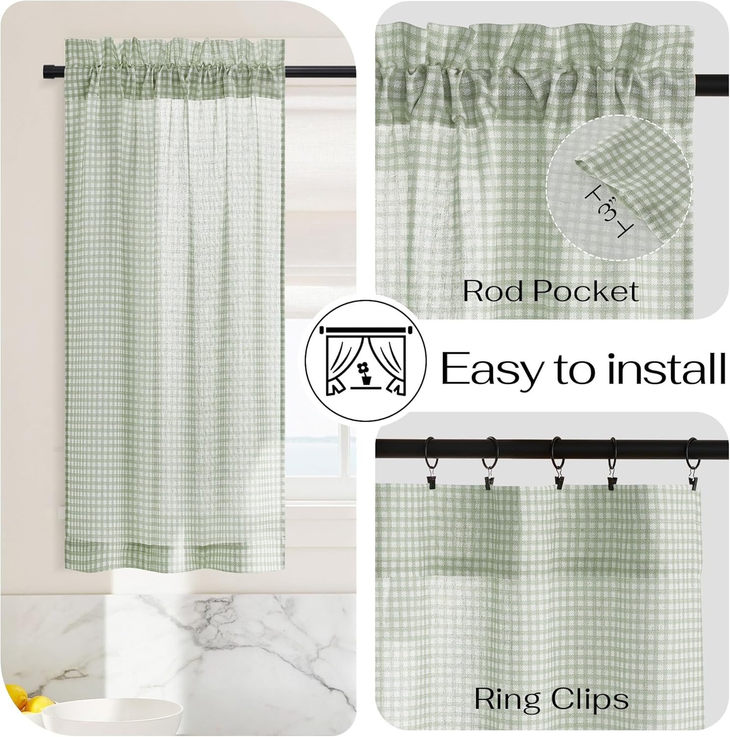 image:imageNICETOWN Sheer Sage Linen Striped Print Kitchen Curtains 3024 2 PanelsSage Green