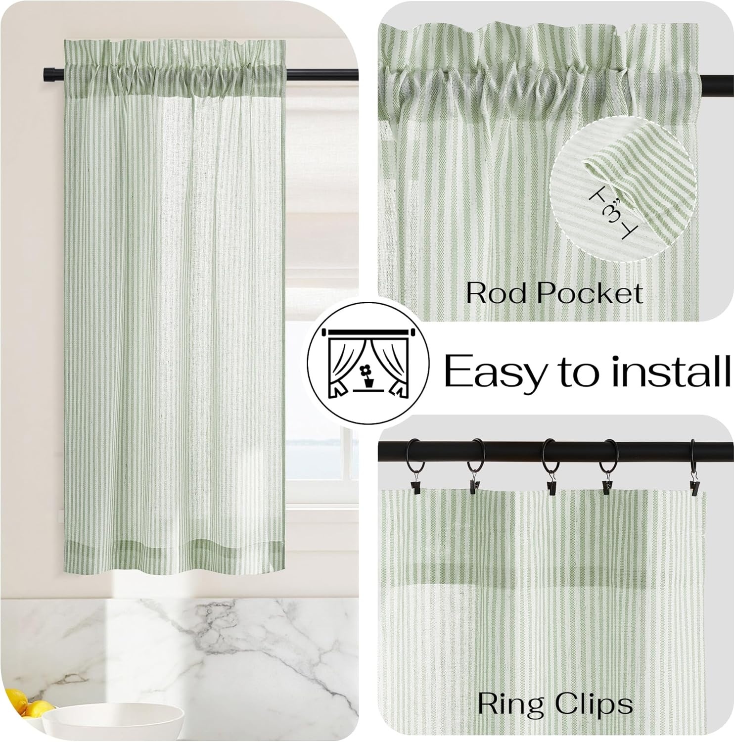 image:imageNICETOWN Sheer Sage Linen Striped Print Kitchen Curtains 3024 2 PanelsSage Green