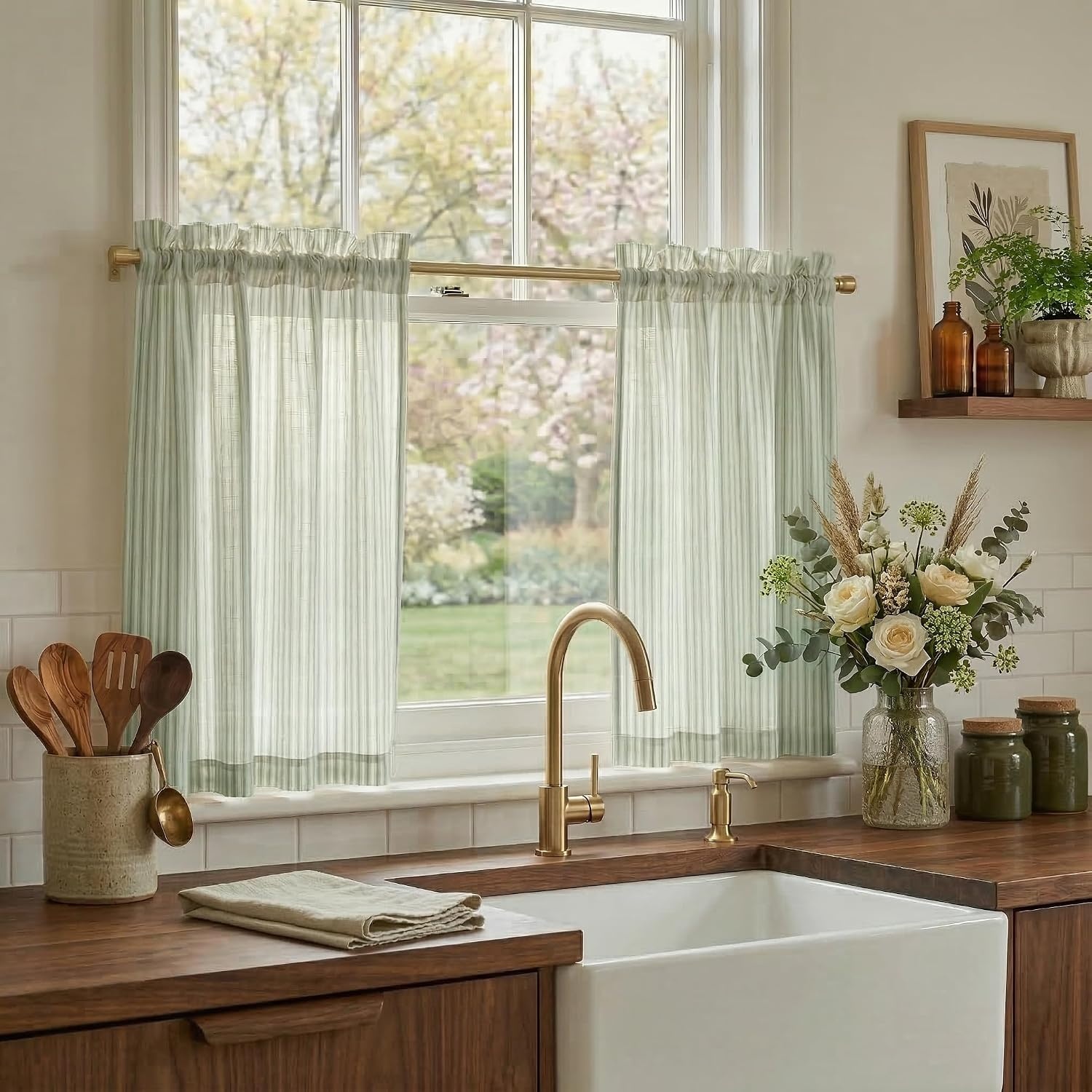 image:imageNICETOWN Sheer Sage Linen Striped Print Kitchen Curtains 3024 2 PanelsSage Green