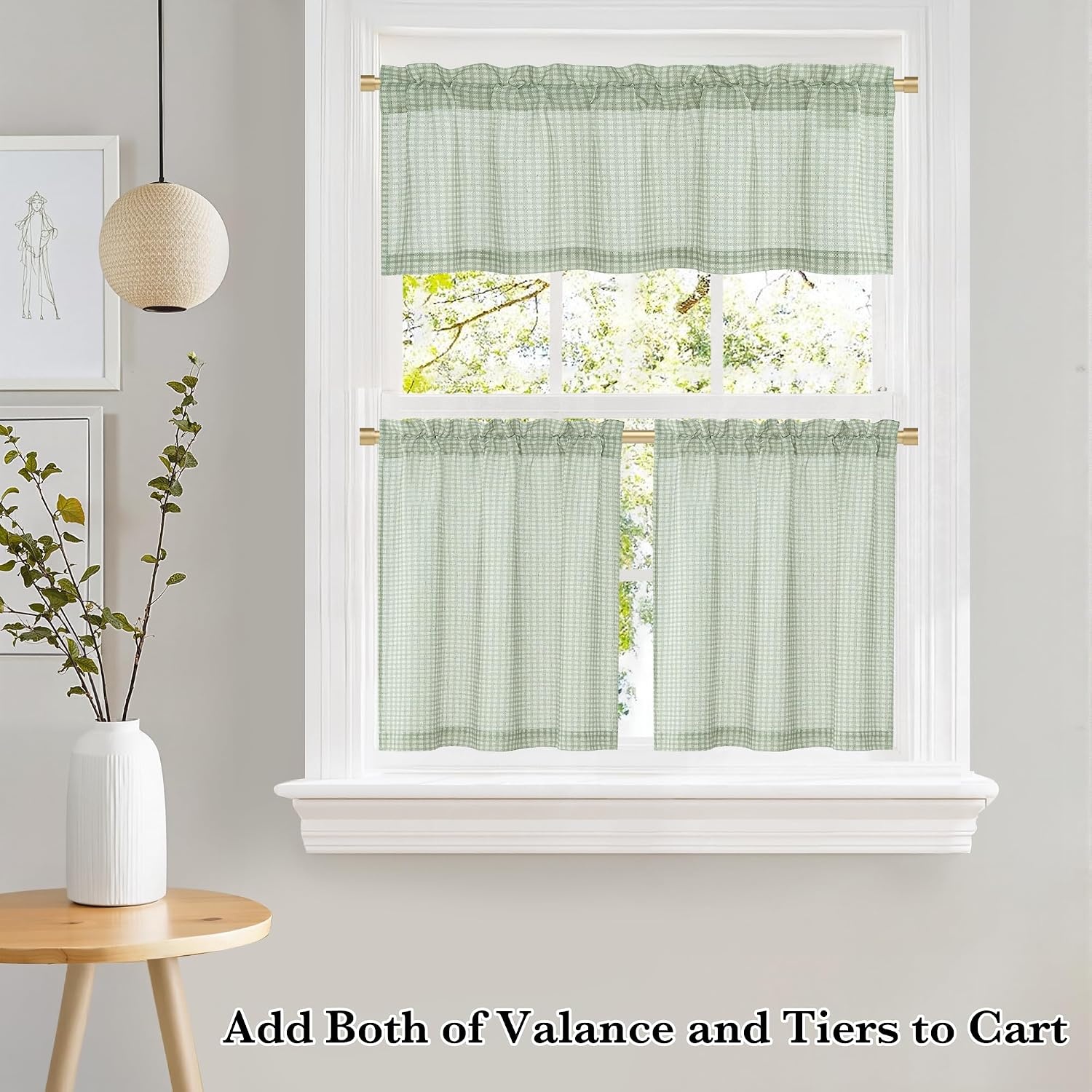 image:imageNICETOWN Sheer Sage Linen Striped Print Kitchen Curtains 3024 2 PanelsSage Green
