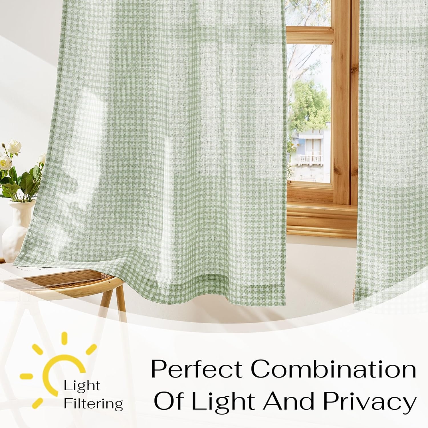 image:imageNICETOWN Sheer Sage Linen Striped Print Kitchen Curtains 3024 2 PanelsSage Green