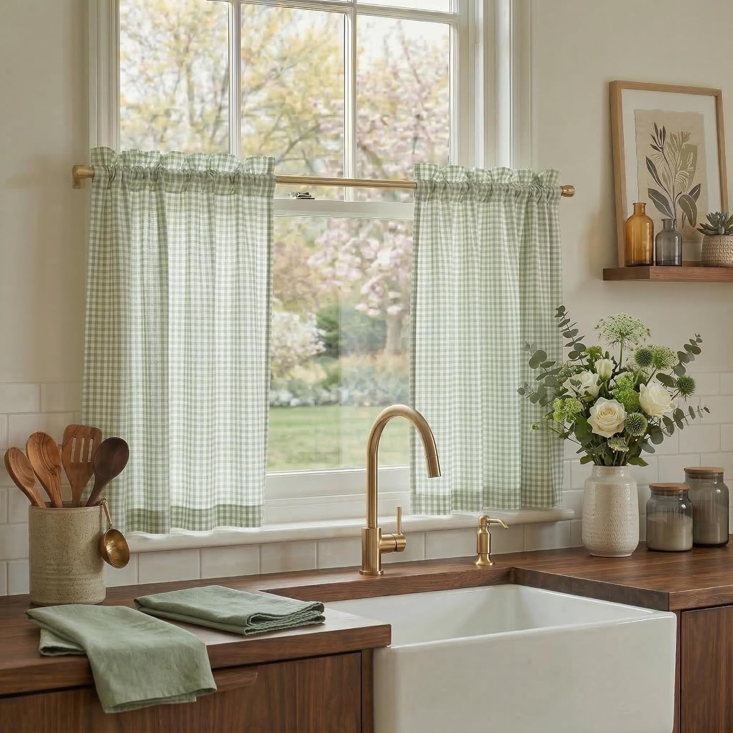 image:imageNICETOWN Sheer Sage Linen Striped Print Kitchen Curtains 3024 2 PanelsSage Green