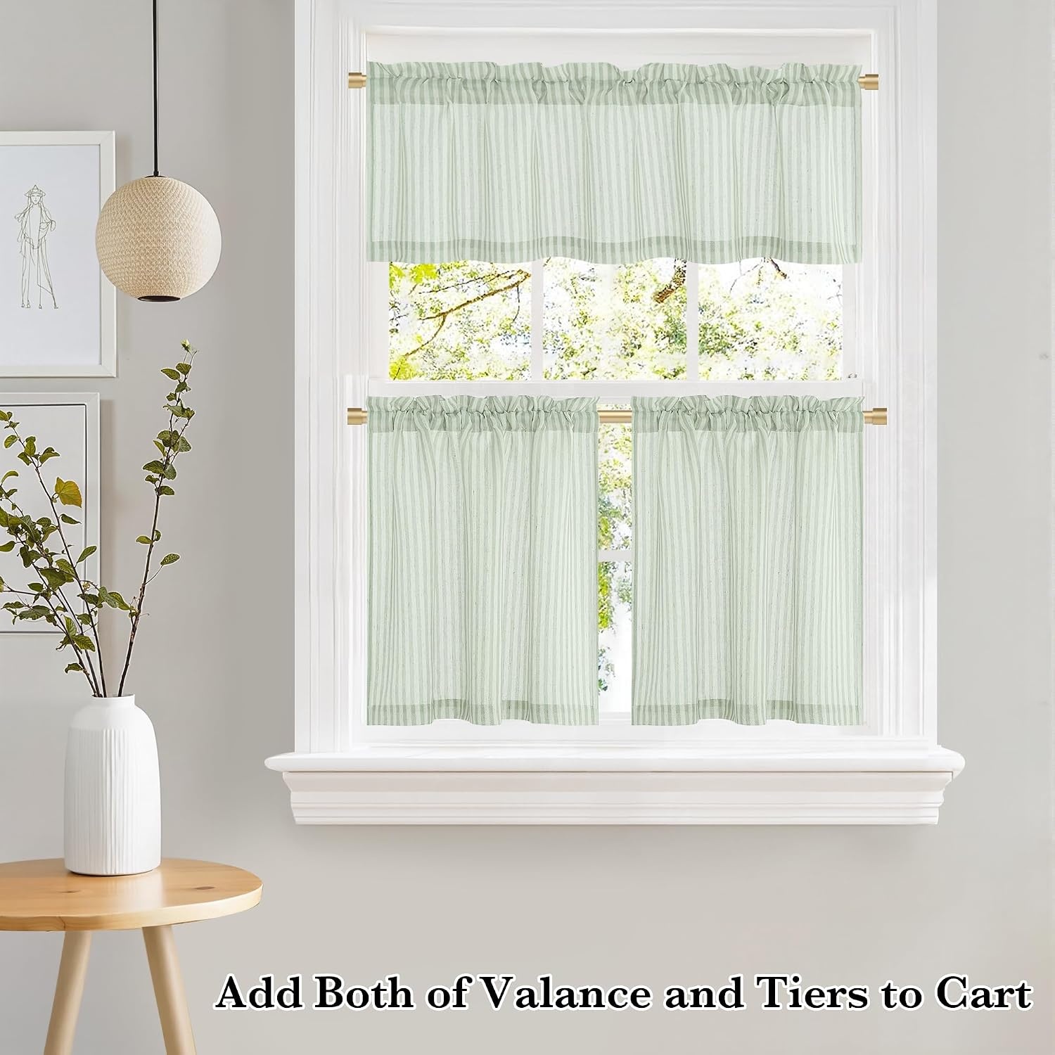 image:imageNICETOWN Sheer Sage Linen Striped Print Kitchen Curtains 3024 2 PanelsSage Green