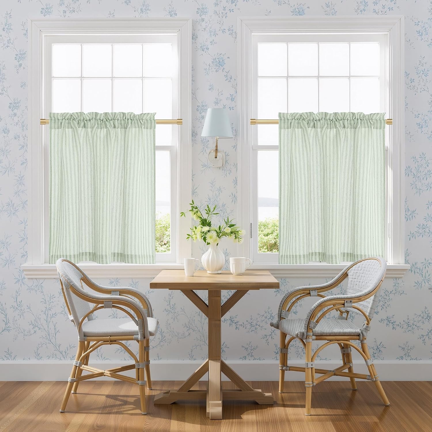image:imageNICETOWN Sheer Sage Linen Striped Print Kitchen Curtains 3024 2 PanelsSage Green