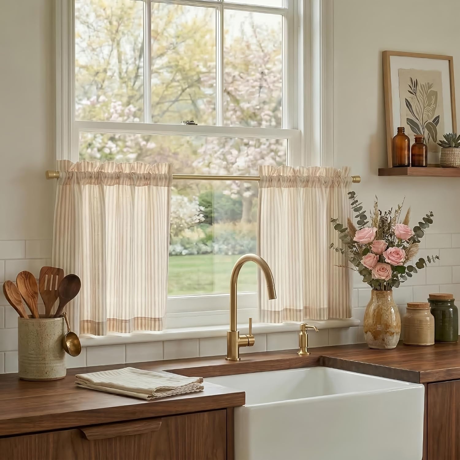 image:imageNICETOWN Sheer Sage Linen Striped Print Kitchen Curtains 3024 2 PanelsYellow