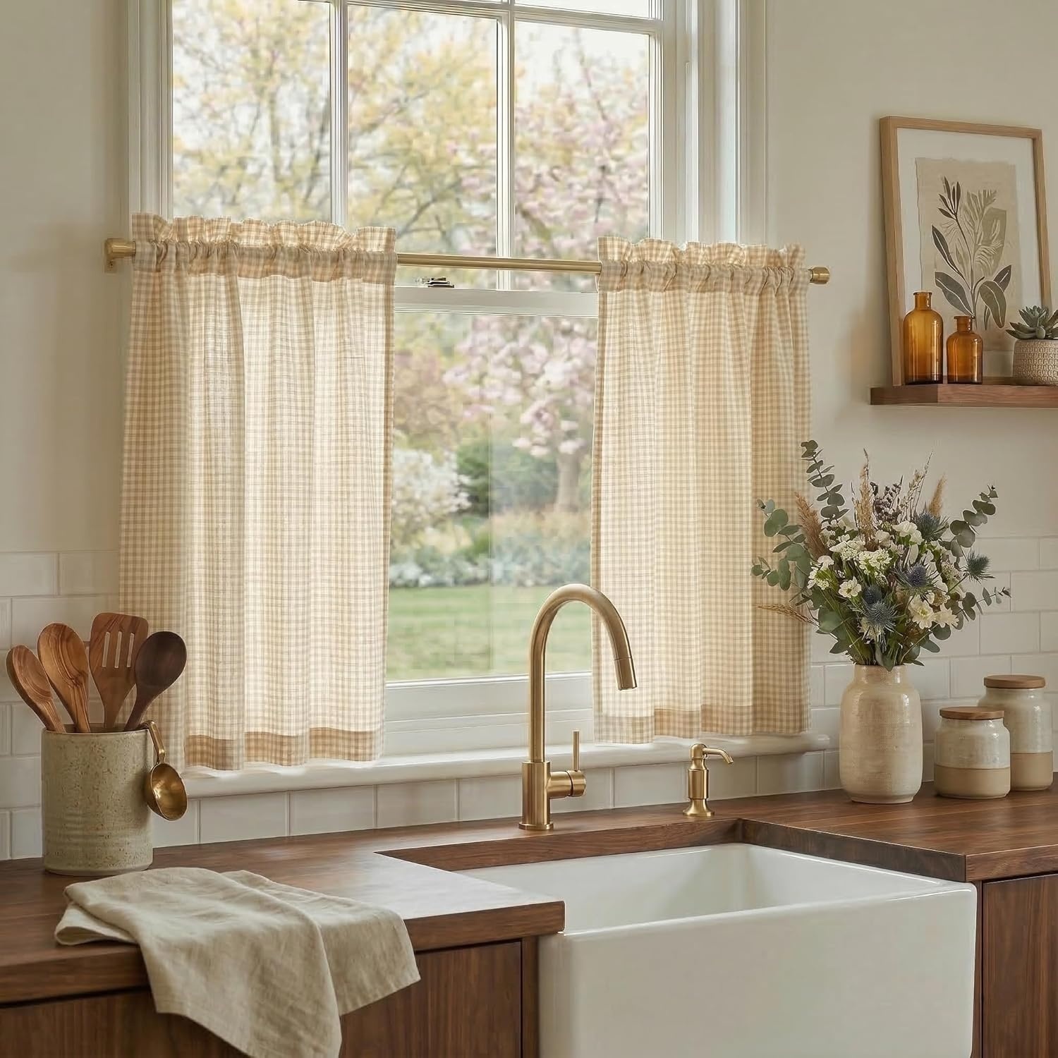 image:imageNICETOWN Sheer Sage Linen Striped Print Kitchen Curtains 3024 2 PanelsYellow