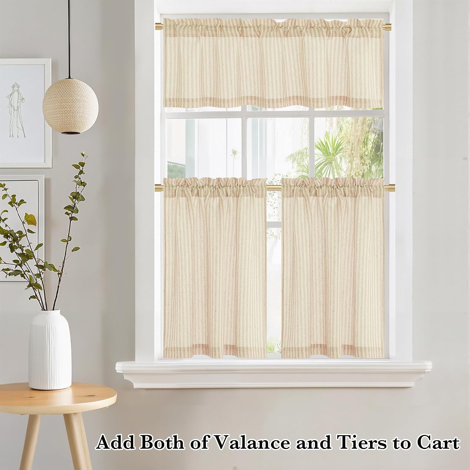 image:imageNICETOWN Sheer Sage Linen Striped Print Kitchen Curtains 3024 2 PanelsYellow