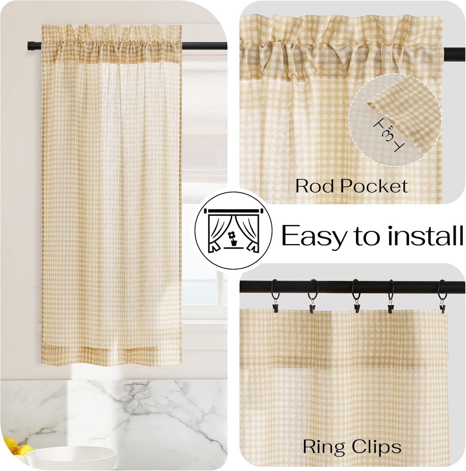 image:imageNICETOWN Sheer Sage Linen Striped Print Kitchen Curtains 3024 2 PanelsYellow
