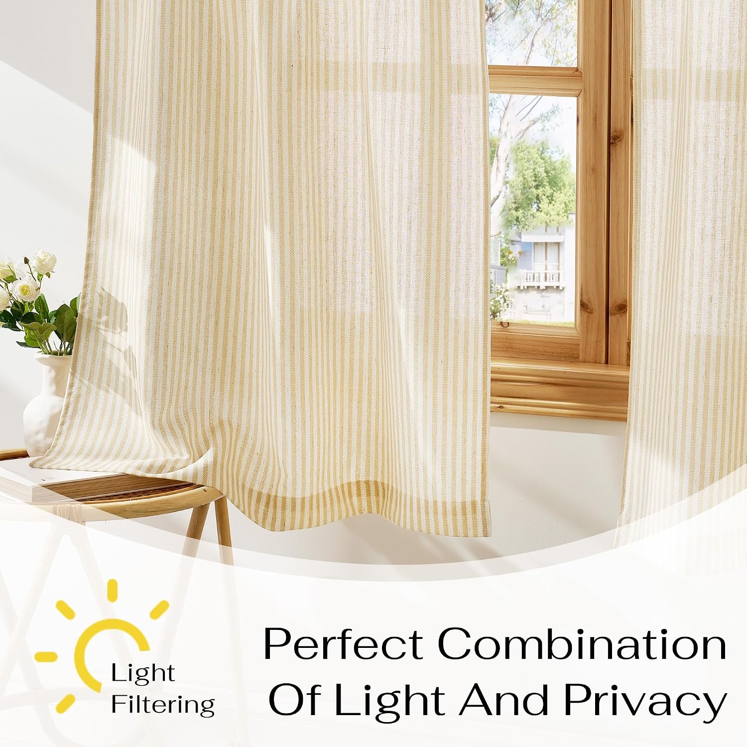 image:imageNICETOWN Sheer Sage Linen Striped Print Kitchen Curtains 3024 2 PanelsYellow