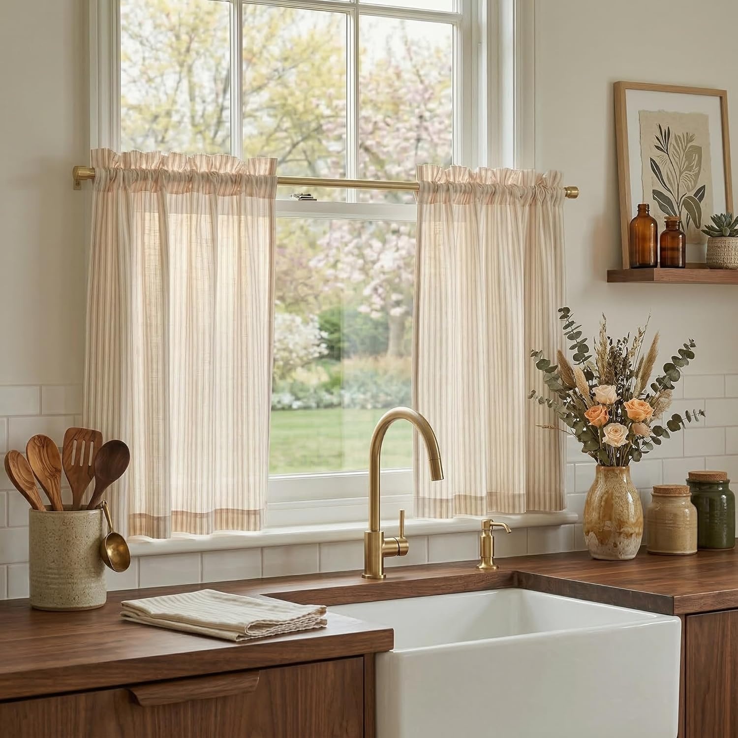 image:imageNICETOWN Sheer Sage Linen Striped Print Kitchen Curtains 3024 2 PanelsYellow