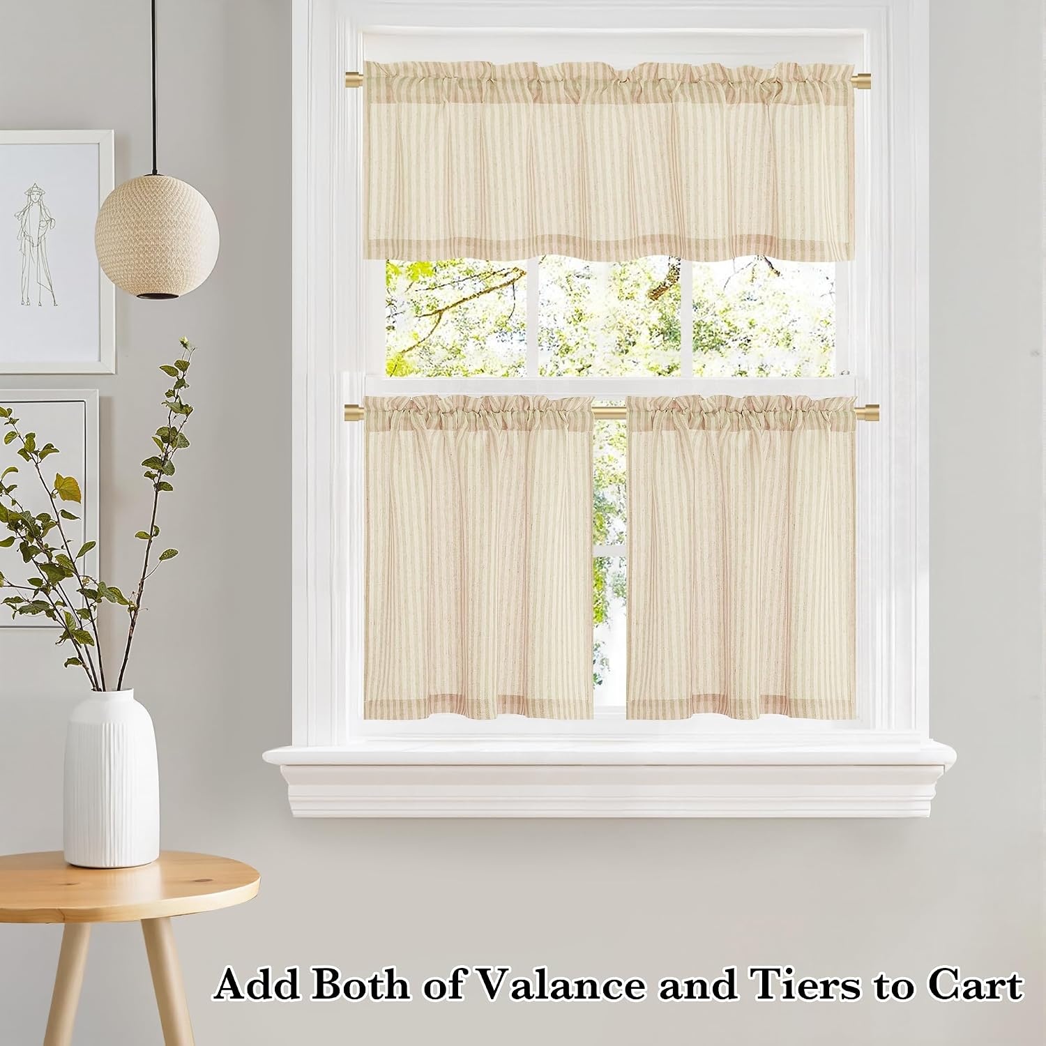 image:imageNICETOWN Sheer Sage Linen Striped Print Kitchen Curtains 3024 2 PanelsYellow