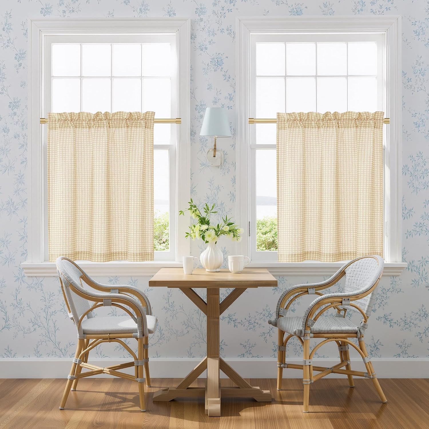 image:imageNICETOWN Sheer Sage Linen Striped Print Kitchen Curtains 3024 2 PanelsYellow