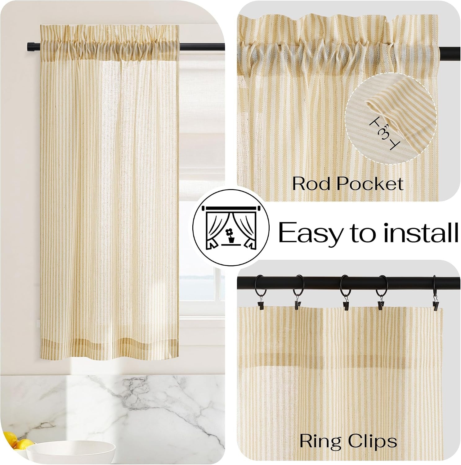 image:imageNICETOWN Sheer Sage Linen Striped Print Kitchen Curtains 3024 2 PanelsYellow