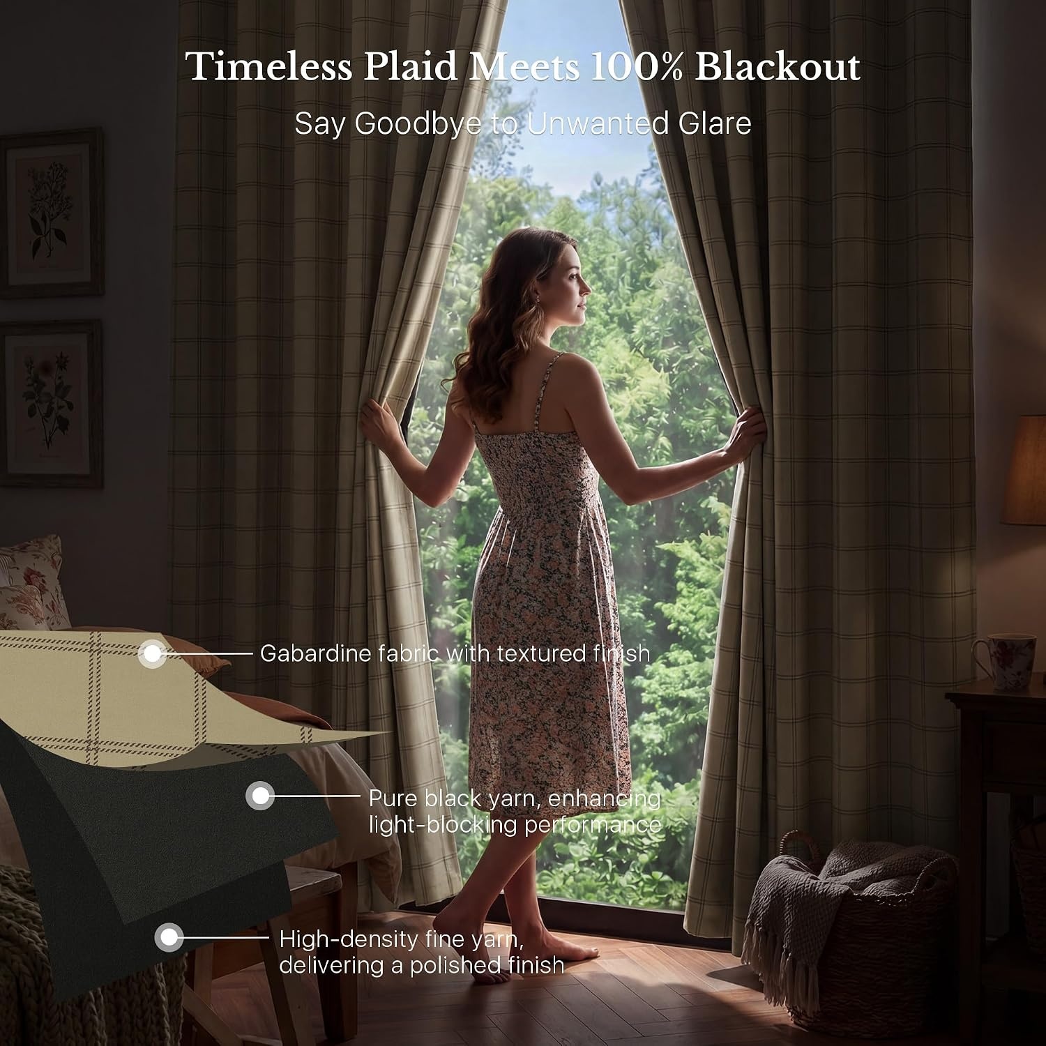 image:imageNICETOWN Taupe 100 Blackout Plaid Cabin Buffalo Gingham Curtain 52W x 84LGrid Pattern Burlap White