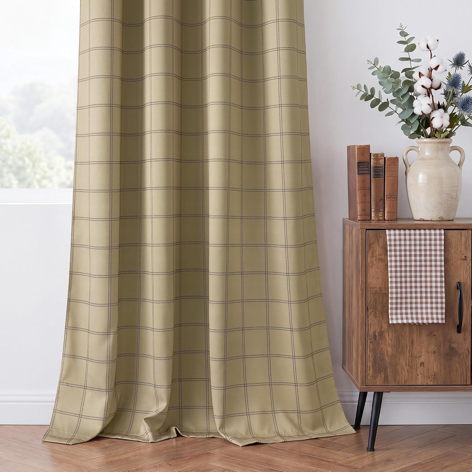 image:imageNICETOWN Taupe 100 Blackout Plaid Cabin Buffalo Gingham Curtain 52W x 84LGrid Pattern Burlap White