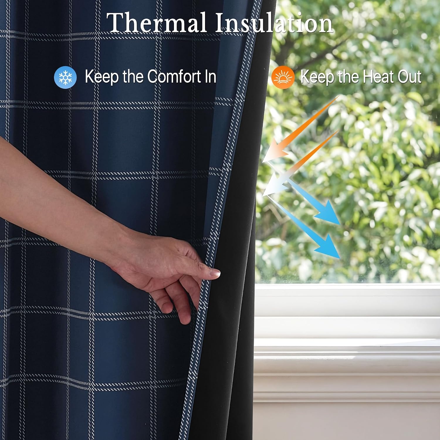 image:imageNICETOWN Taupe 100 Blackout Plaid Cabin Buffalo Gingham Curtain 52W x 84LGrid Pattern Dark Blue White