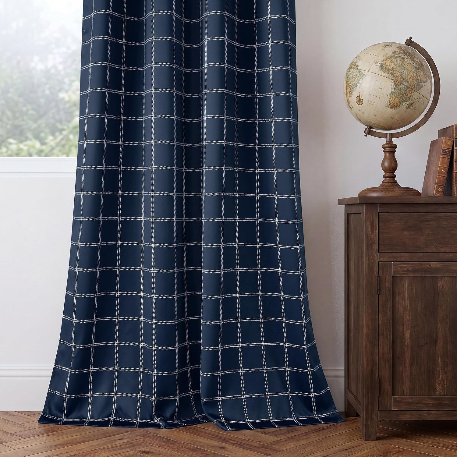 image:imageNICETOWN Taupe 100 Blackout Plaid Cabin Buffalo Gingham Curtain 52W x 84LGrid Pattern Dark Blue White