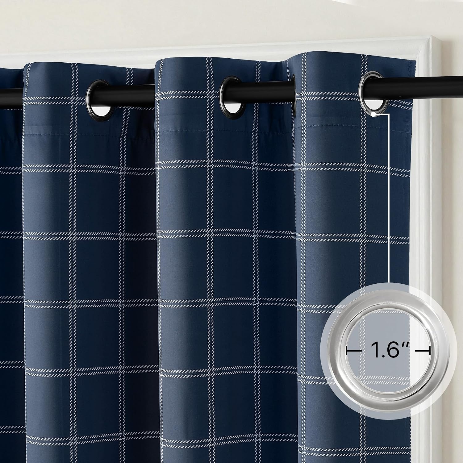 image:imageNICETOWN Taupe 100 Blackout Plaid Cabin Buffalo Gingham Curtain 52W x 84LGrid Pattern Dark Blue White