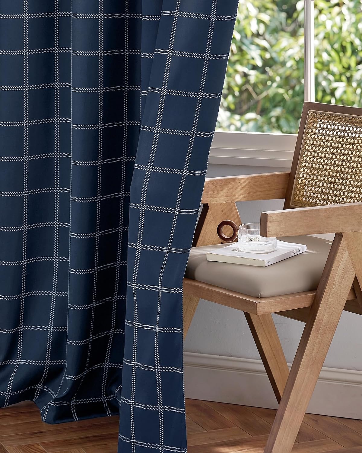 image:imageNICETOWN Taupe 100 Blackout Plaid Cabin Buffalo Gingham Curtain 52W x 84LGrid Pattern Dark Blue White