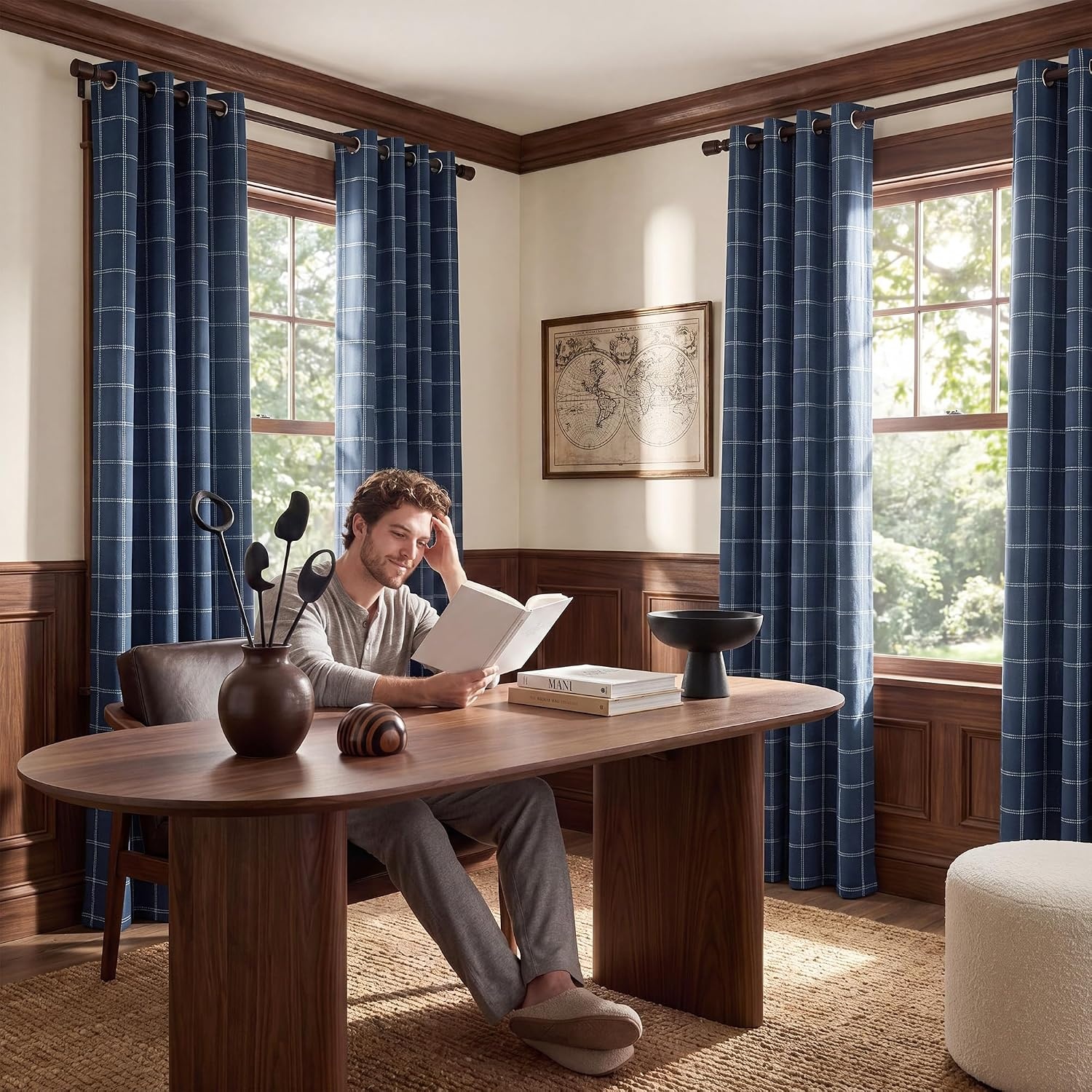 image:imageNICETOWN Taupe 100 Blackout Plaid Cabin Buffalo Gingham Curtain 52W x 84LGrid Pattern Dark Blue White