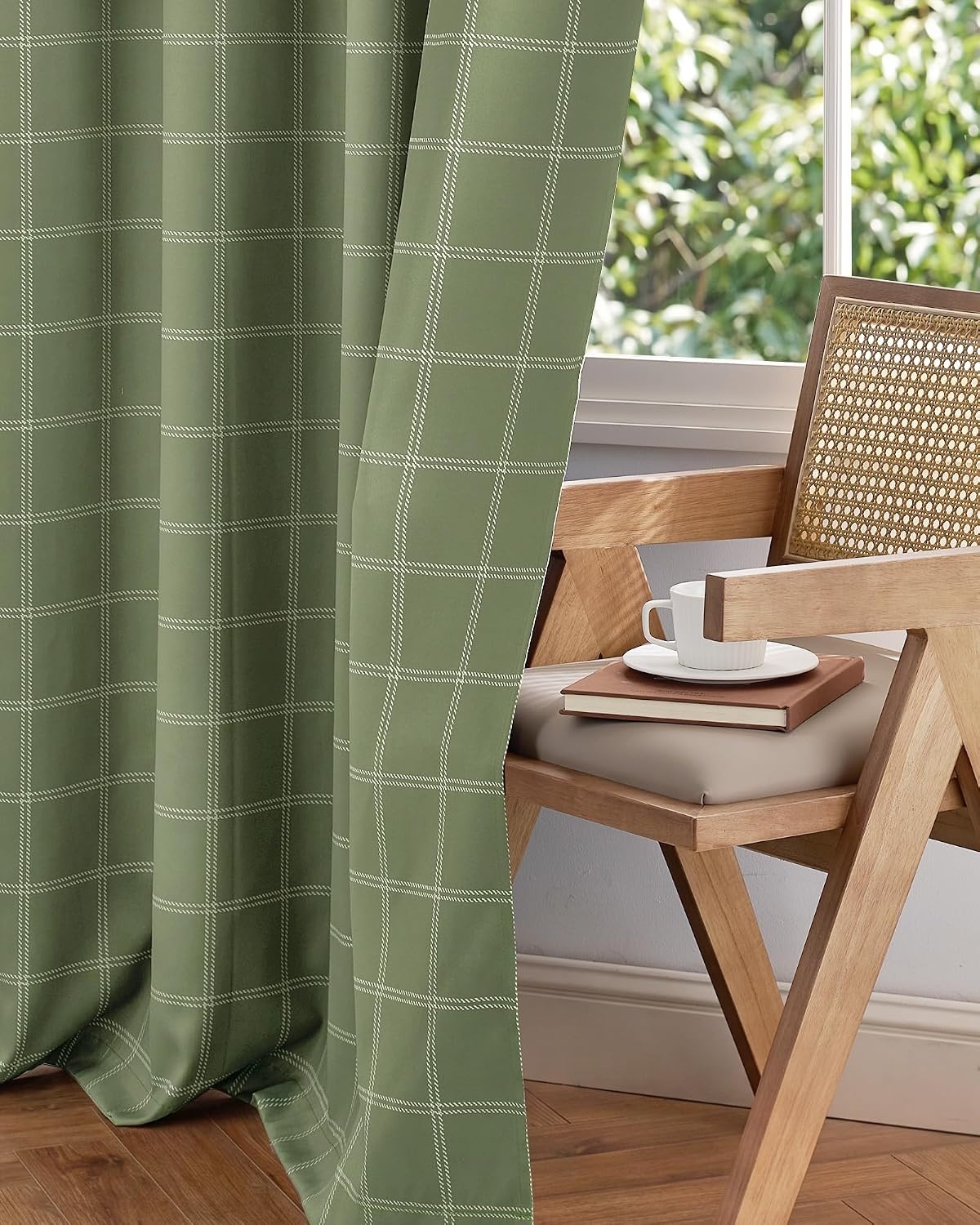 image:imageNICETOWN Taupe 100 Blackout Plaid Cabin Buffalo Gingham Curtain 52W x 84LGrid Pattern Olive Green White