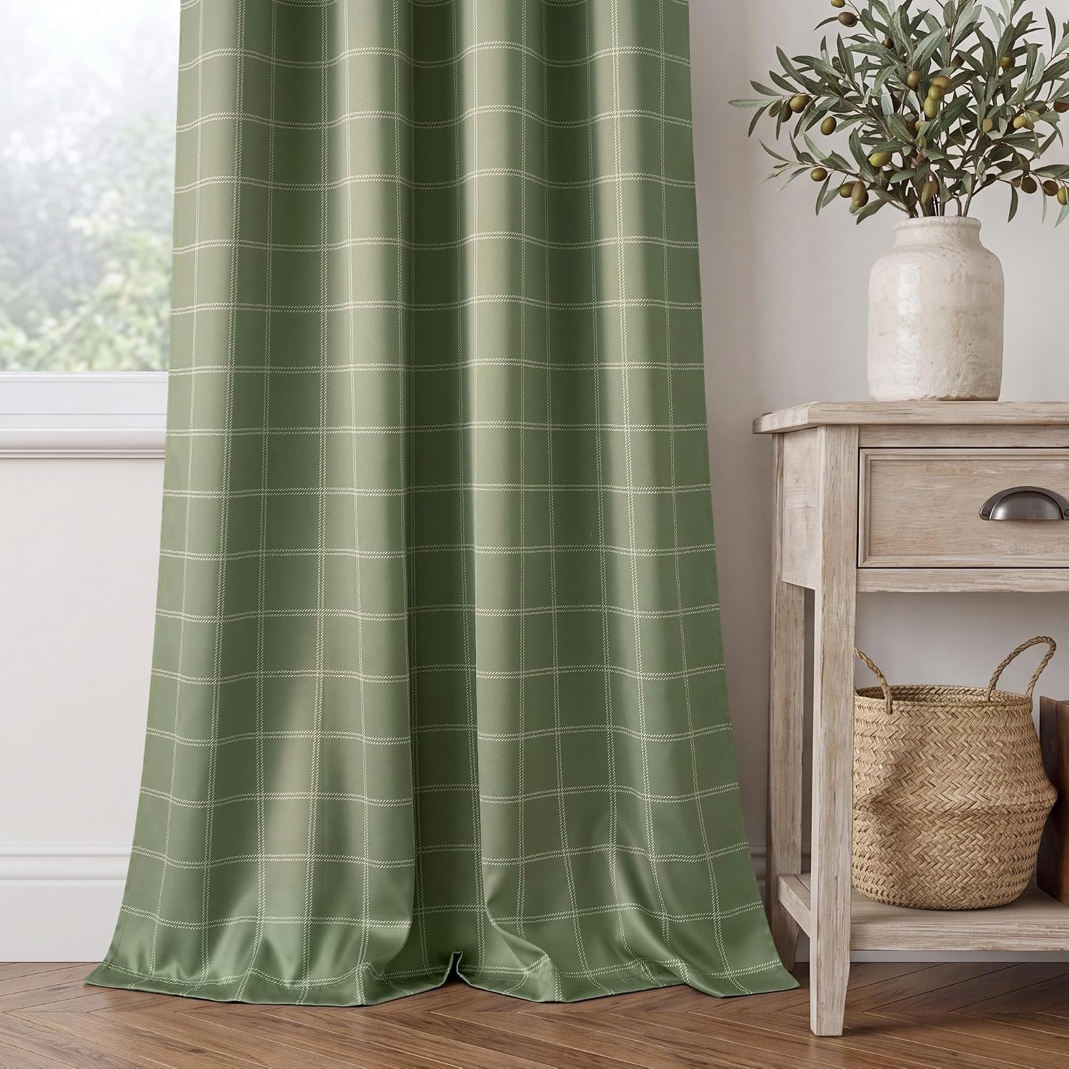 image:imageNICETOWN Taupe 100 Blackout Plaid Cabin Buffalo Gingham Curtain 52W x 84LGrid Pattern Olive Green White