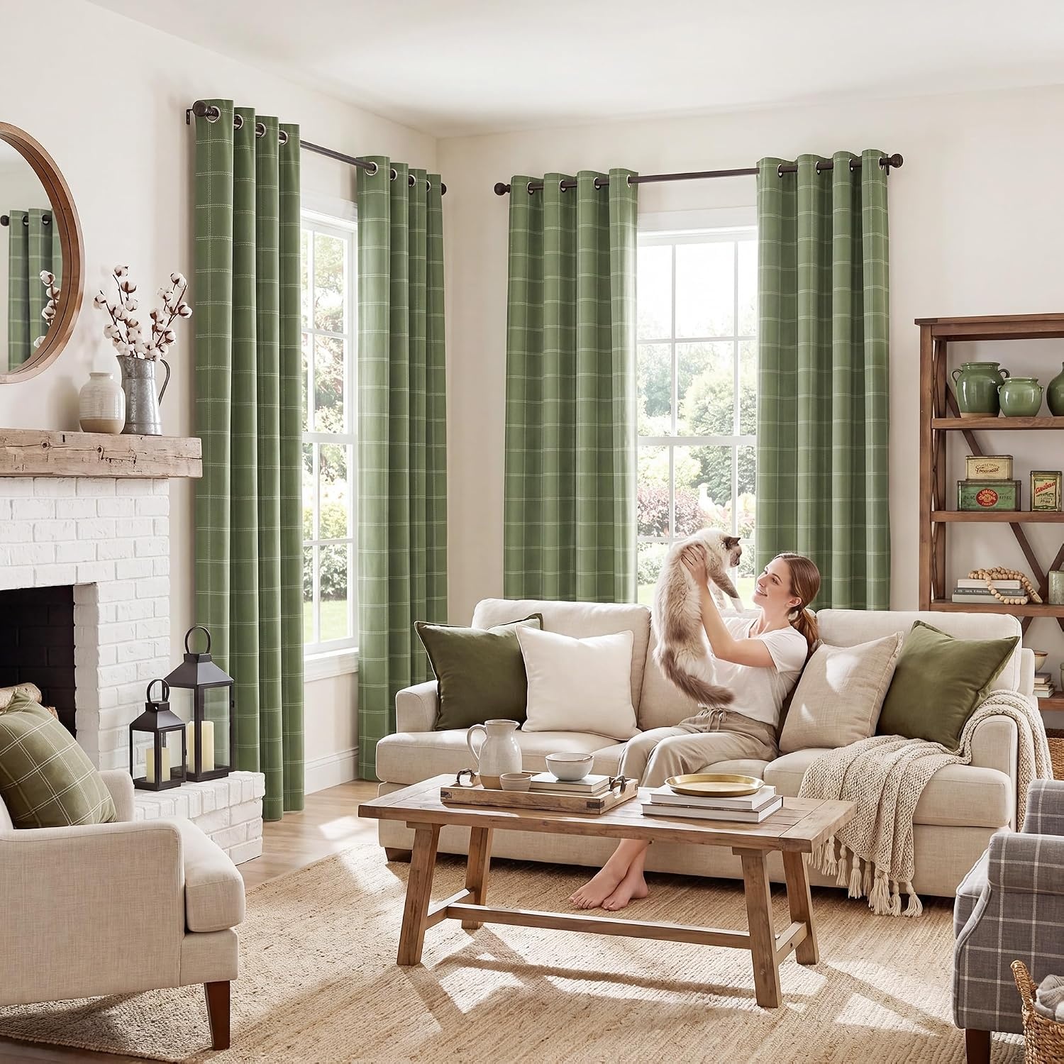 image:imageNICETOWN Taupe 100 Blackout Plaid Cabin Buffalo Gingham Curtain 52W x 84LGrid Pattern Olive Green White