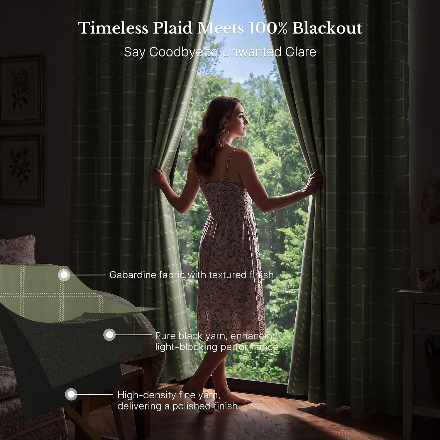 image:imageNICETOWN Taupe 100 Blackout Plaid Cabin Buffalo Gingham Curtain 52W x 84LGrid Pattern Olive Green White