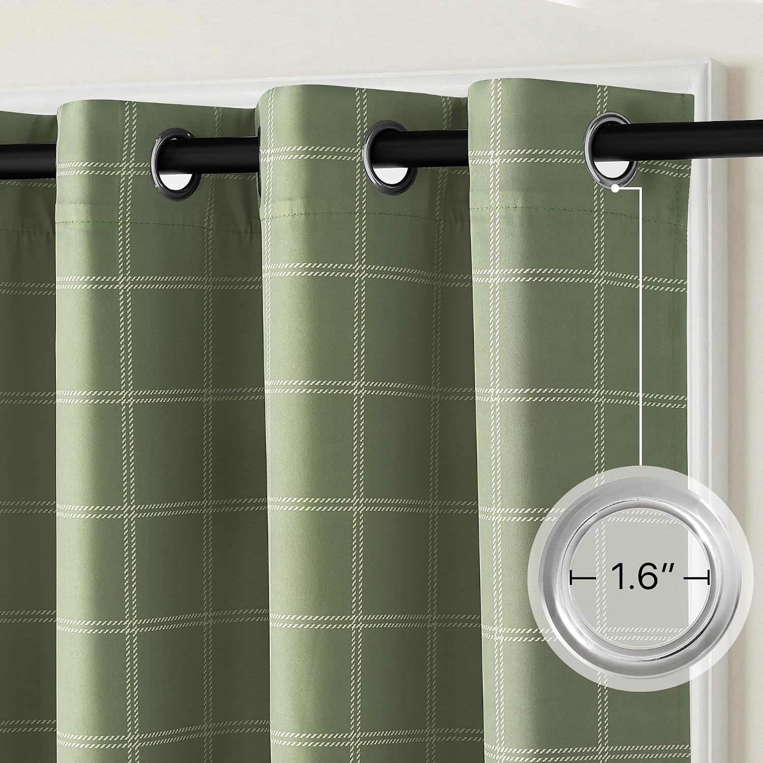 image:imageNICETOWN Taupe 100 Blackout Plaid Cabin Buffalo Gingham Curtain 52W x 84LGrid Pattern Olive Green White