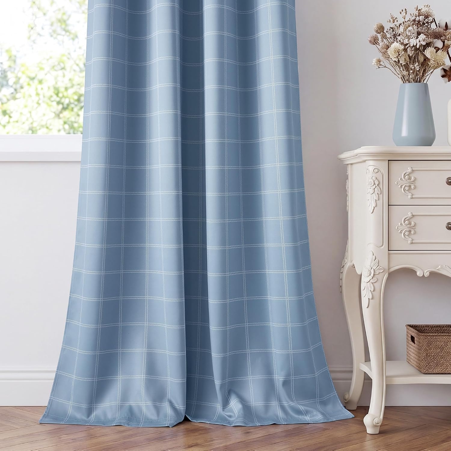 image:imageNICETOWN Taupe 100 Blackout Plaid Cabin Buffalo Gingham Curtain 52W x 84LGrid Pattern Sea Blue White