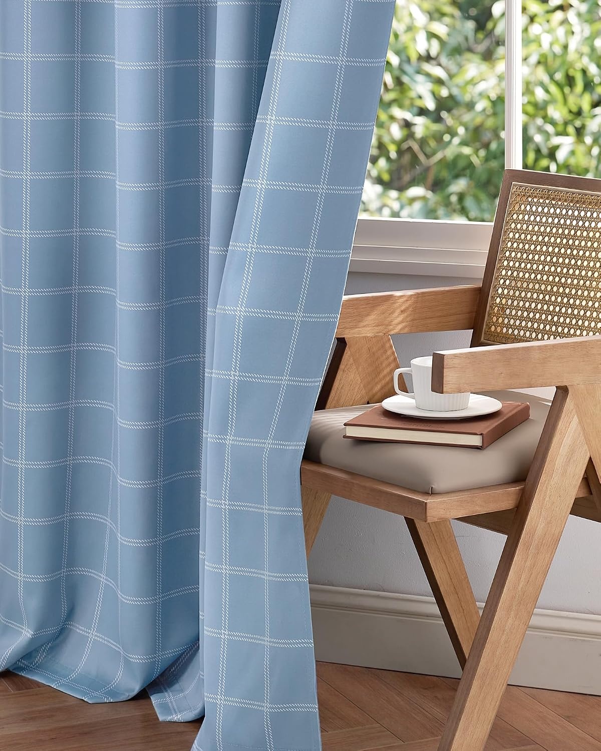 image:imageNICETOWN Taupe 100 Blackout Plaid Cabin Buffalo Gingham Curtain 52W x 84LGrid Pattern Sea Blue White