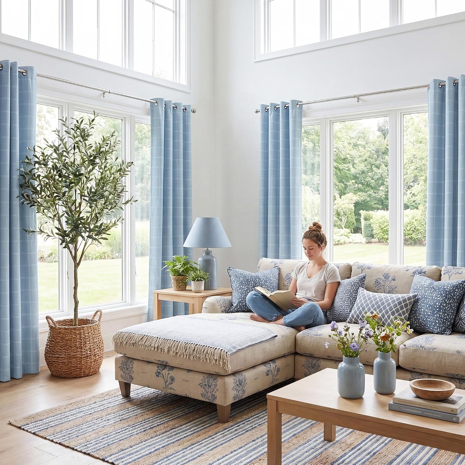 image:imageNICETOWN Taupe 100 Blackout Plaid Cabin Buffalo Gingham Curtain 52W x 84LGrid Pattern Sea Blue White