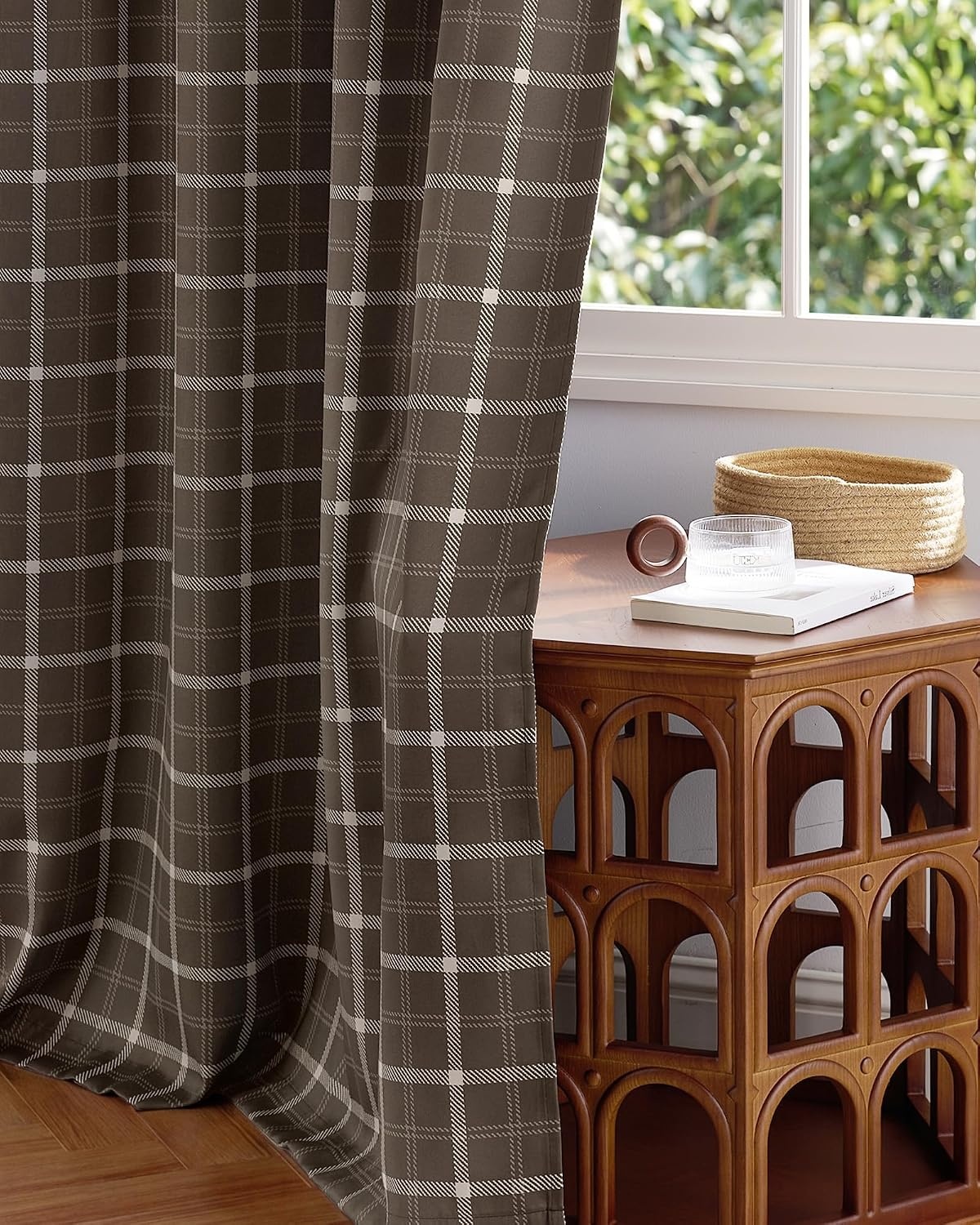 image:imageNICETOWN Taupe 100 Blackout Plaid Cabin Buffalo Gingham Curtain 52W x 84LPlaid Brown White